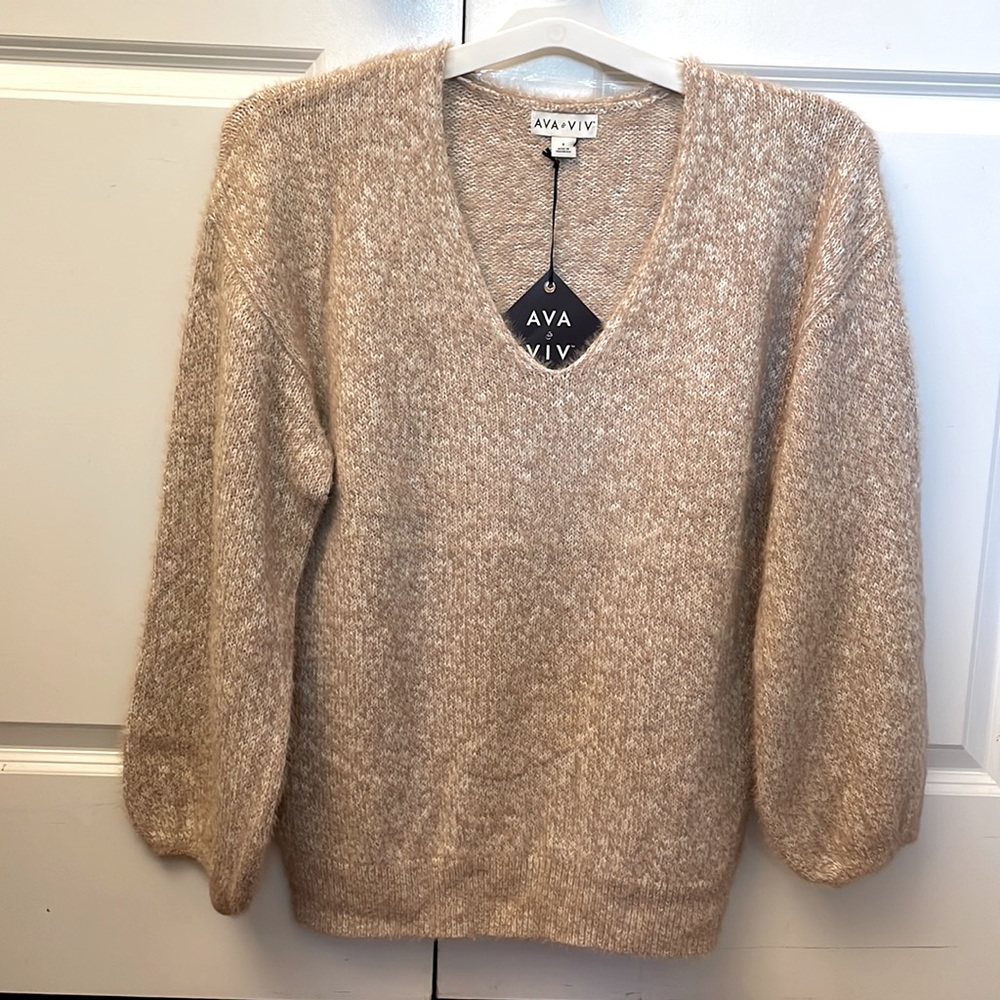 Ava & Viv marled cream and tan fuzzy pullover plus sizes NWT